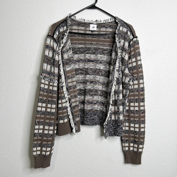 Cabi Cardigan Women Medium Brown White Plaid Fringe Open Front Knit Sweater - Picture 1 of 10